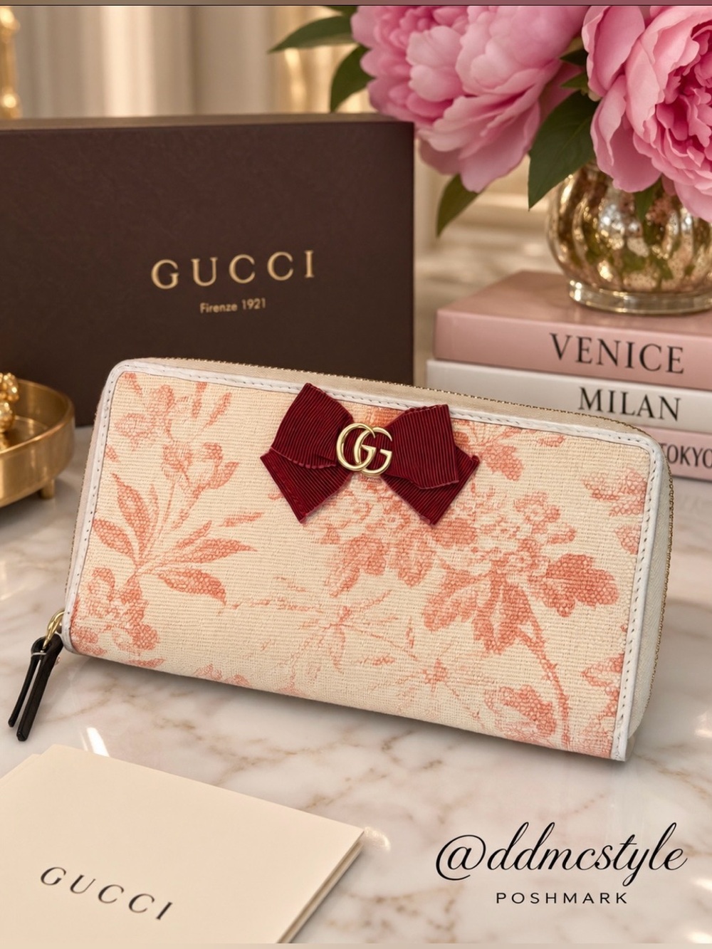 Gucci Cream Canvas Long Ziparound Wallet w Red Bow + Coral Floral Print + Dusty - Picture 16 of 16